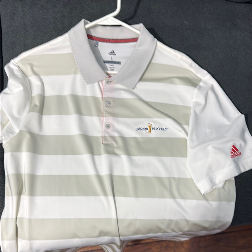 Adidas White and Gray Striped Polo Shirt